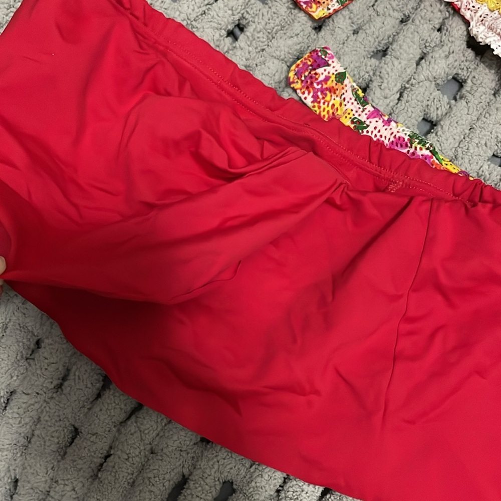 Vintage Betsey Johnson Pink and Red Lace Trim Small Bikini & red wrap skirt - Picture 5 of 10